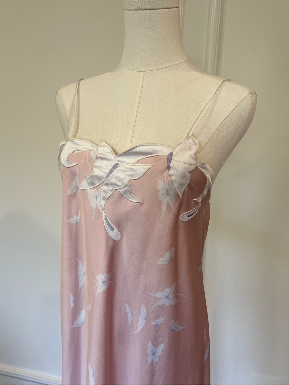 Vintage 80s Butterfly Applique Satin Slip Nightgown Maxi Pink Coquette Sz M